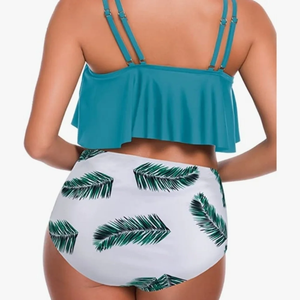 SouqFone Ruffled Flounce Top High Waisted Bikini Set in Blue Green Leaf Size L